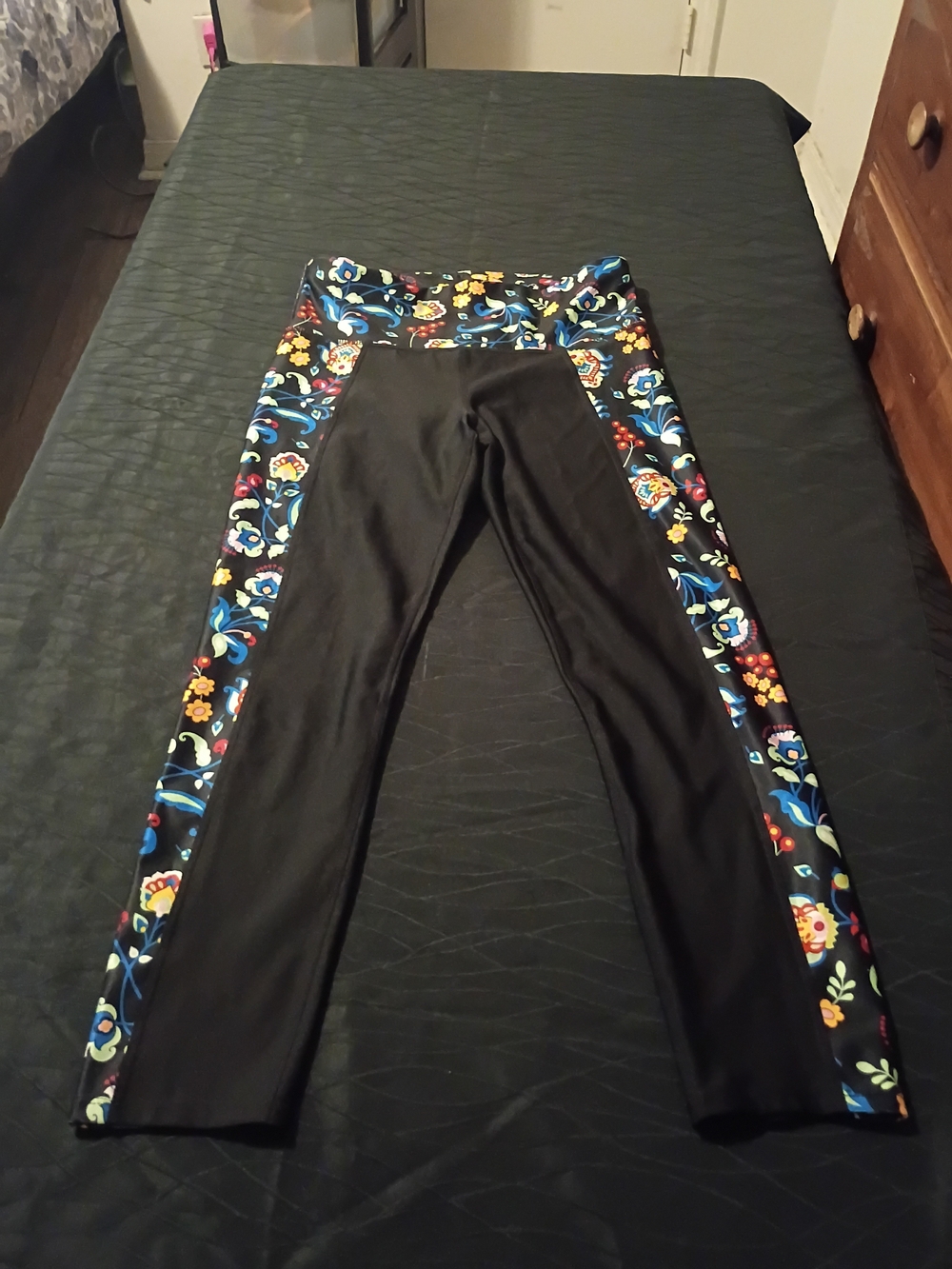 JoyLab Black Leggings with Blue and Yellow Floral Side Panels